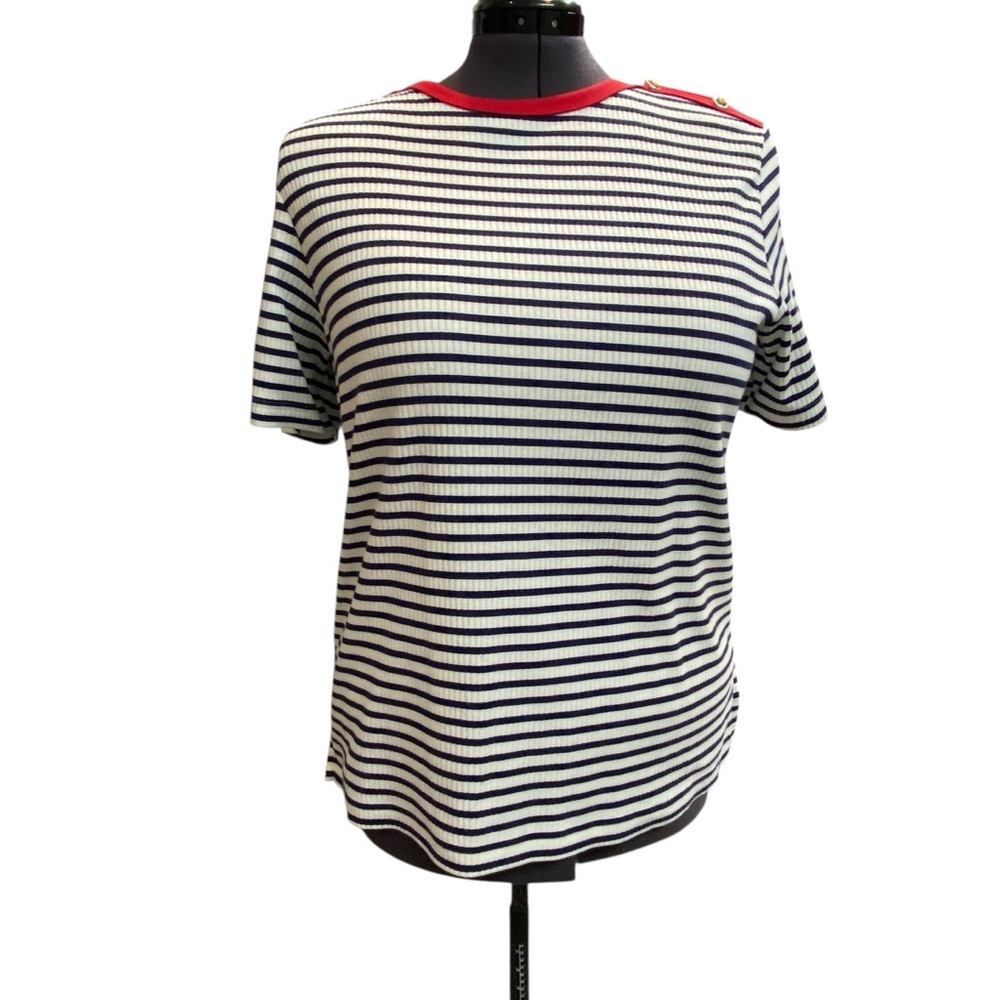 Links Women's size XL Navy White Striped knit rib Tee Coastal sailing Red Trim - Picture 2 of 8
